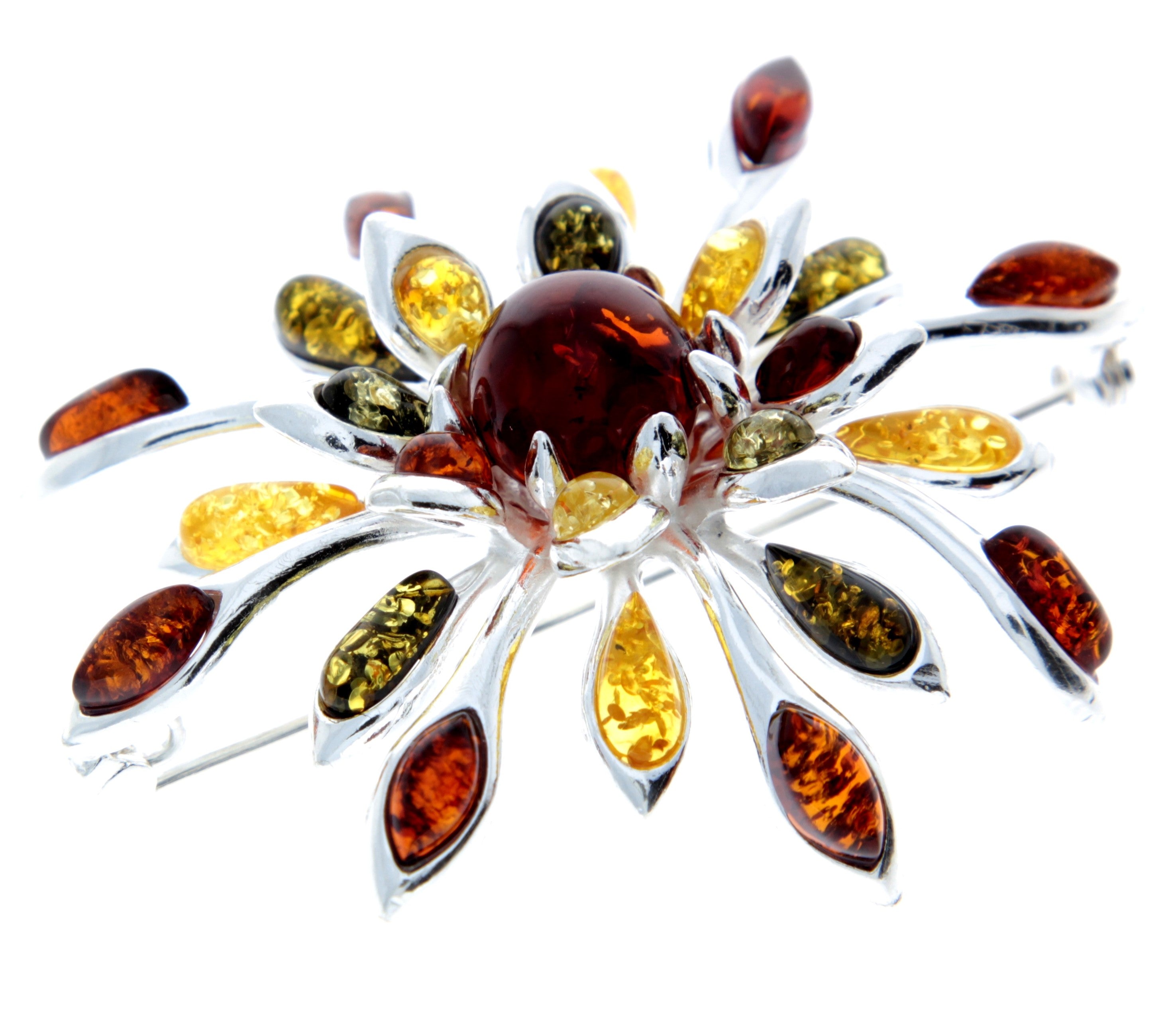 925 Sterling Silver & Baltic Amber Exclusive Large Flower Brooch - 4056