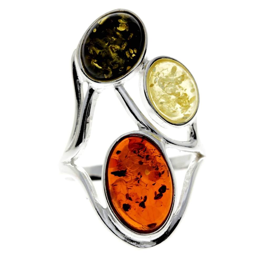 925 Sterling Silver & Baltic Amber 3 Stone Large Classic Ring - 7175