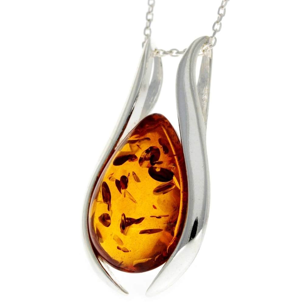 925 Sterling Silver & Baltic Amber Large Modern Pendant - GL213