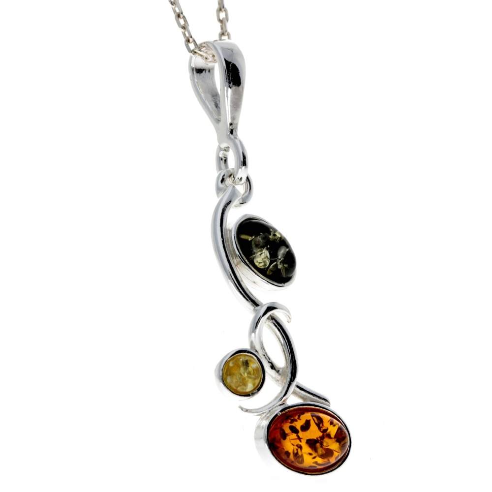 925 Sterling Silver & Baltic Amber Modern 3 Stone Pendant - M374