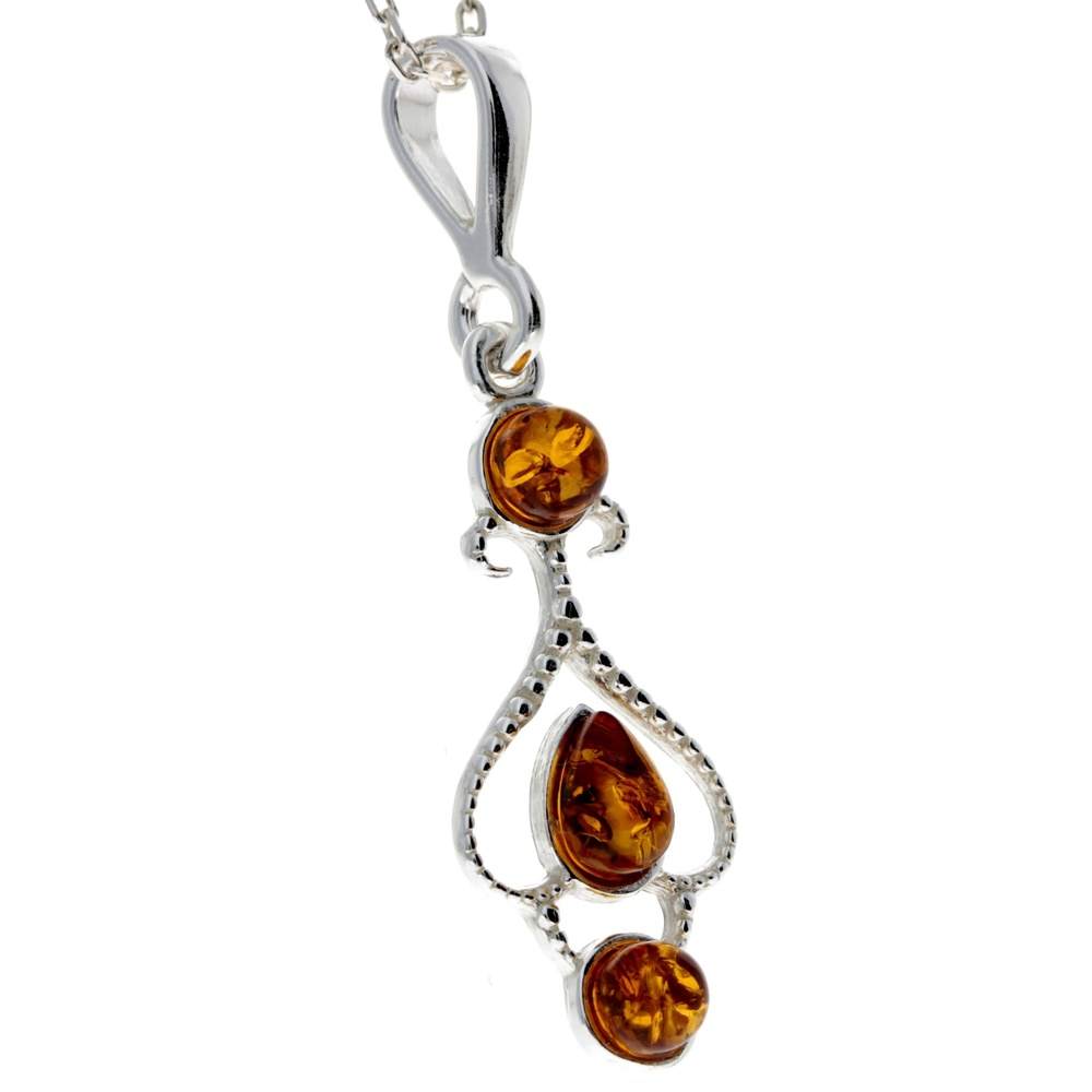 925 Sterling Silver & Baltic Amber Modern 3 Stone Pendant - M379