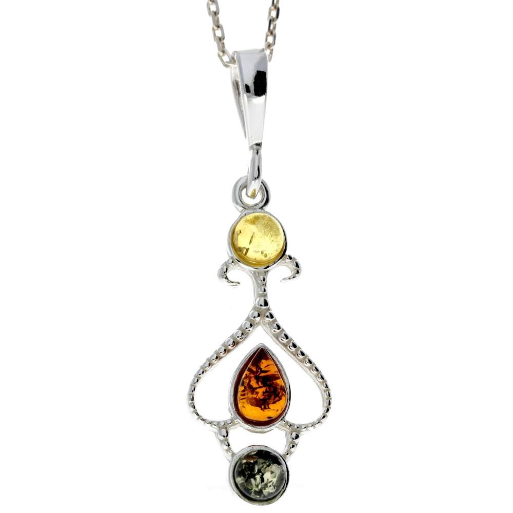 925 Sterling Silver & Baltic Amber Modern 3 Stone Pendant - M379