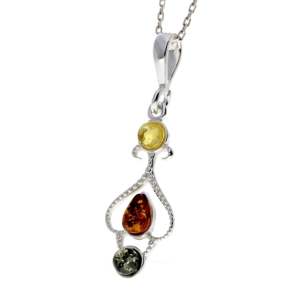 925 Sterling Silver & Baltic Amber Modern 3 Stone Pendant - M379