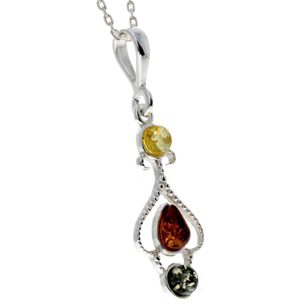 925 Sterling Silver & Baltic Amber Modern 3 Stone Pendant - M379