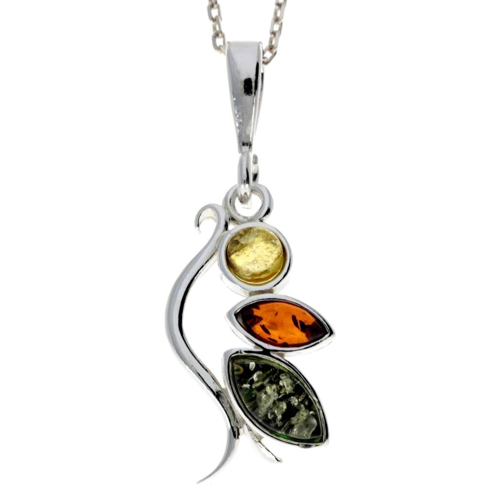 925 Sterling Silver & Baltic Amber 3 Stone Modern Pendant - M378