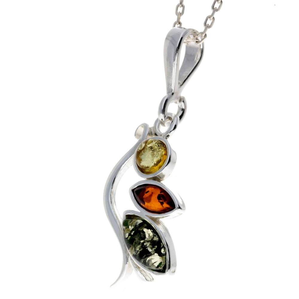 925 Sterling Silver & Baltic Amber 3 Stone Modern Pendant - M378