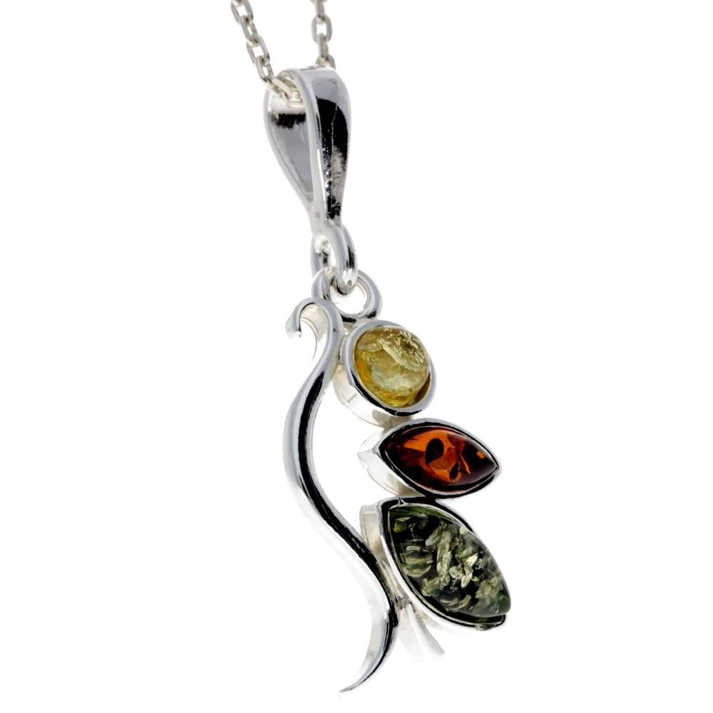 925 Sterling Silver & Baltic Amber 3 Stone Modern Pendant - M378