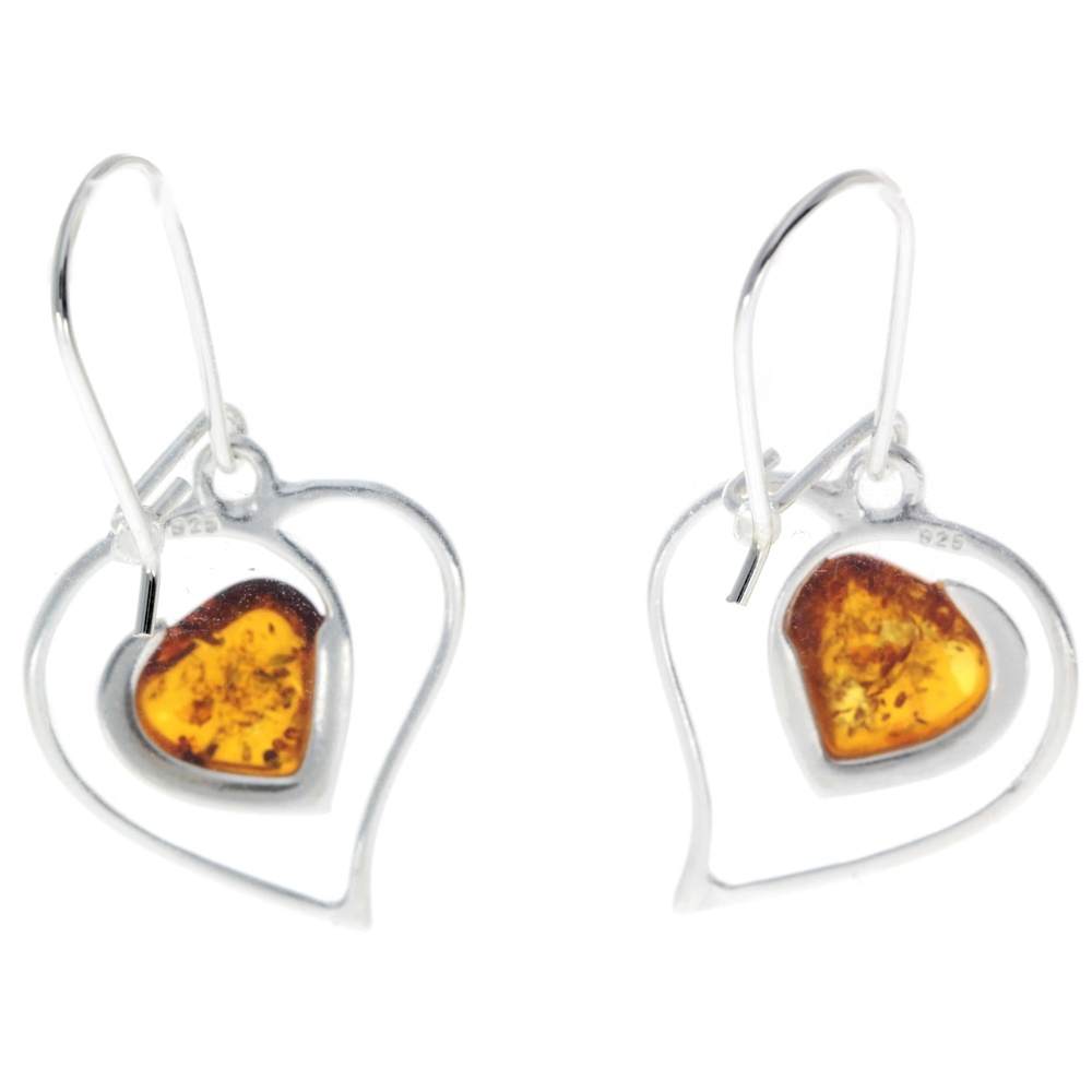 925 Sterling Silver & Genuine Baltic Amber Large Hearts Earrings - GL127