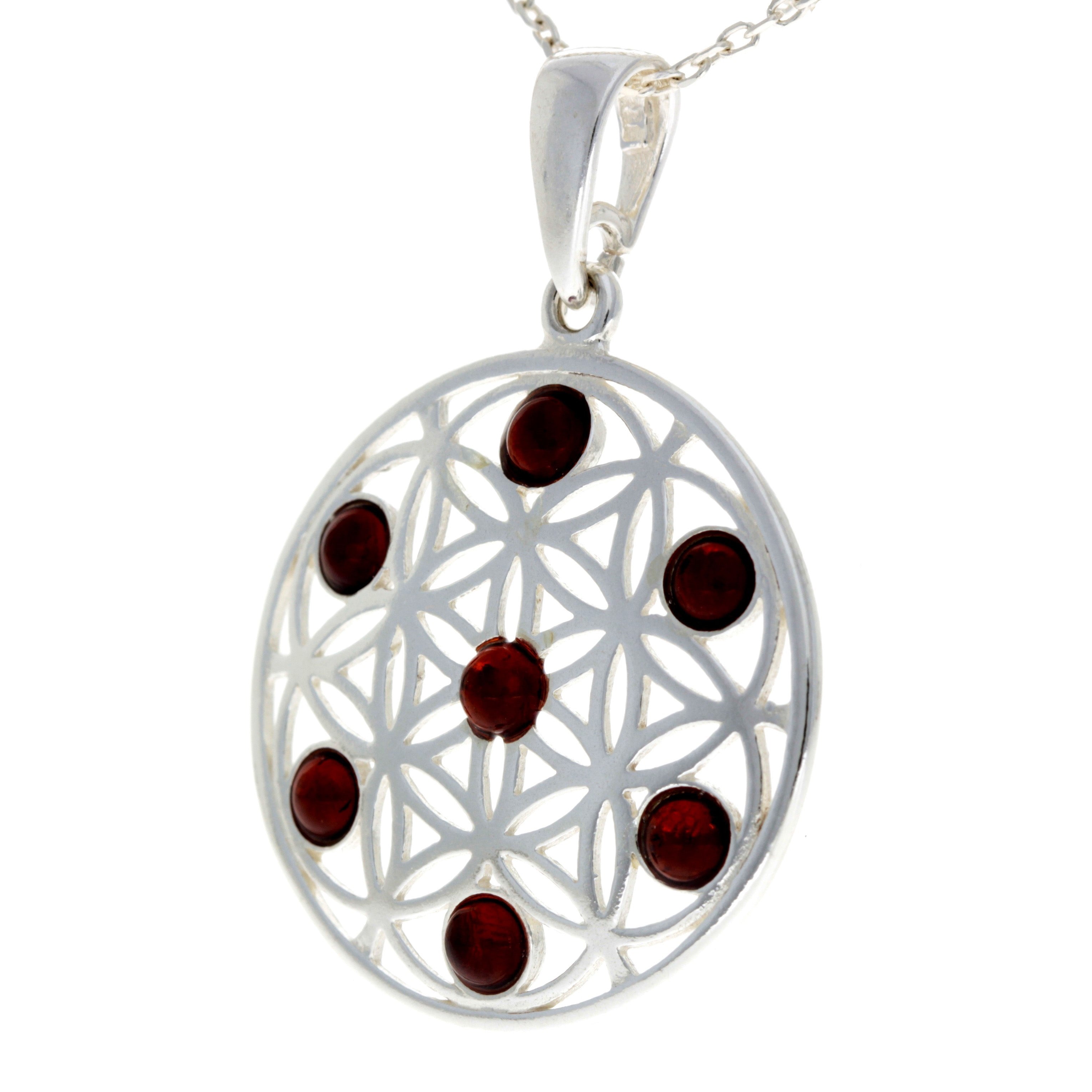 925 Sterling Silver Flower of Life Pendant set with Genuine Baltic Amber Gemstones - GL365