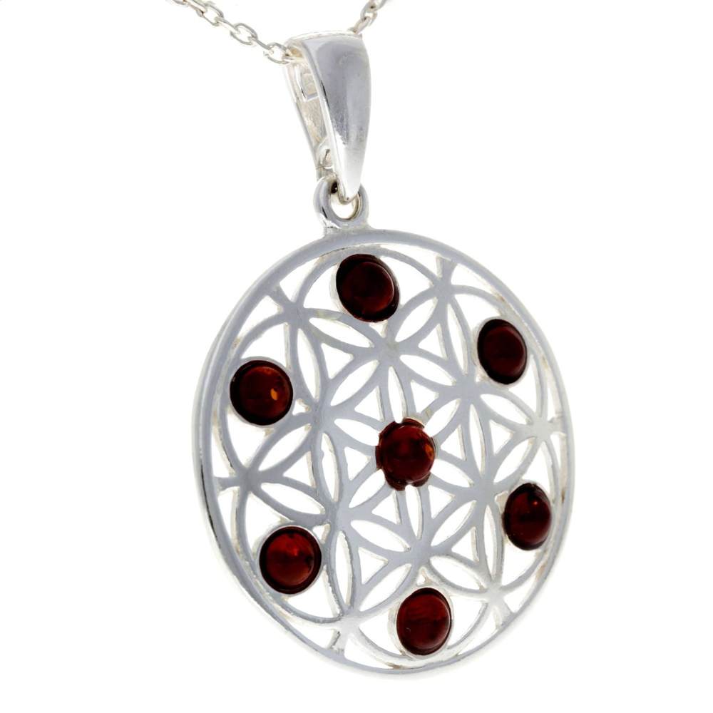 925 Sterling Silver Flower of Life Pendant set with Genuine Baltic Amber Gemstones - GL365