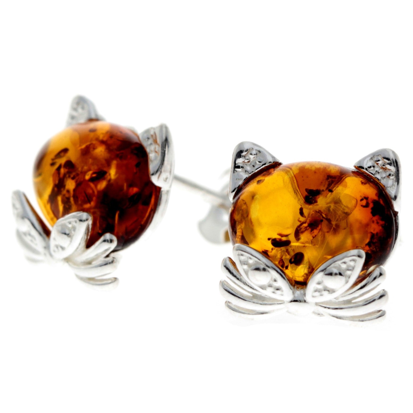 925 Sterling Silver & Baltic Amber Cute Cats Studs Earrings - GL192