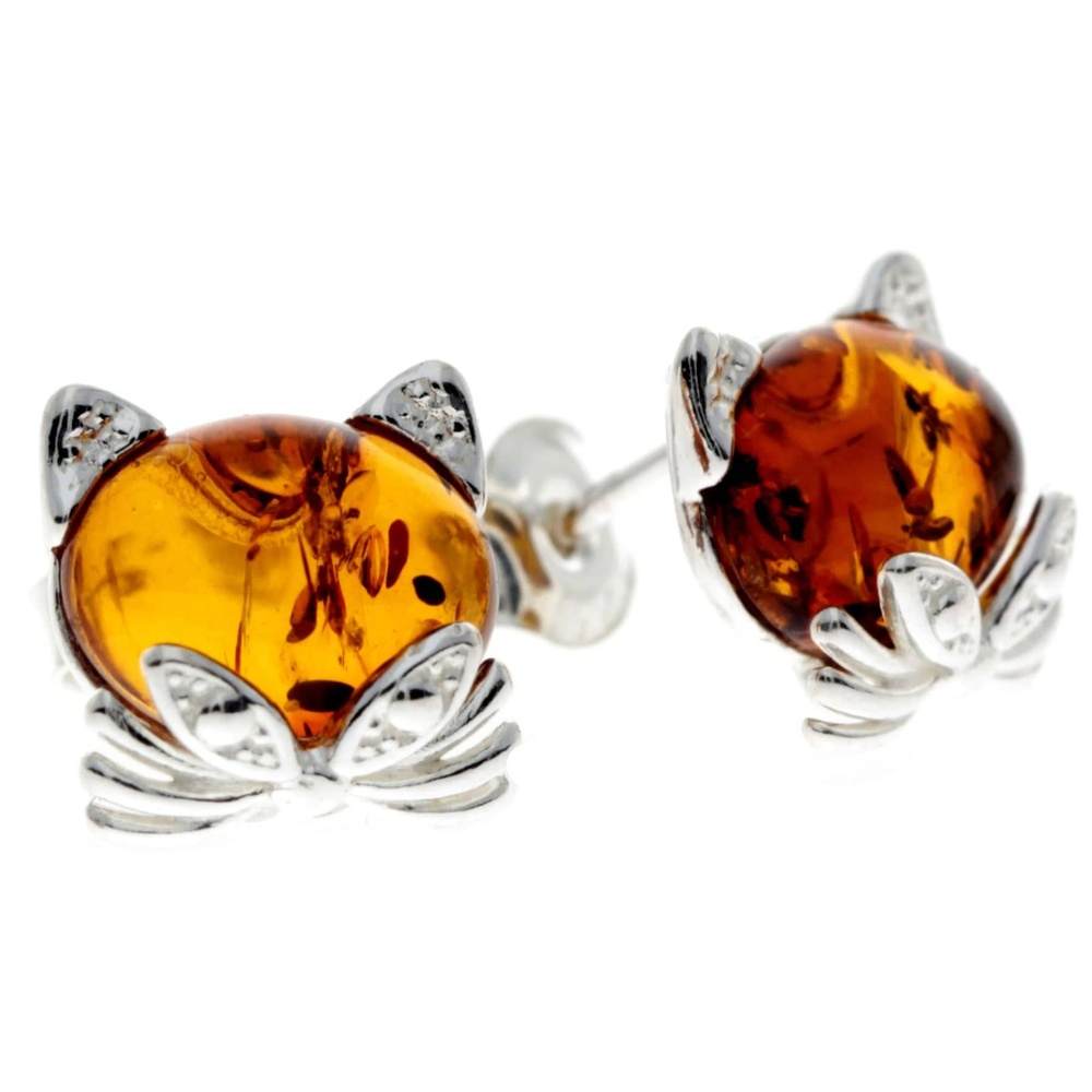 925 Sterling Silver & Baltic Amber Cute Cats Studs Earrings - GL192