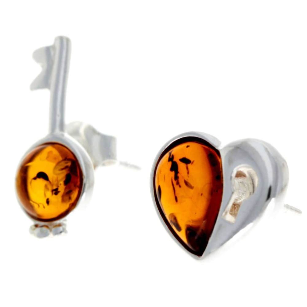 925 Sterling Silver & Baltic Amber Key & Heart Studs Earrings - GL195