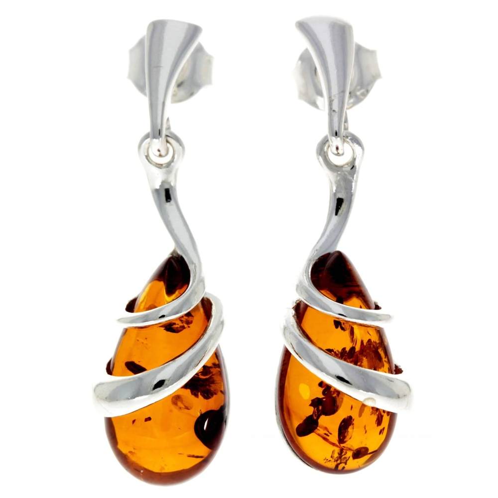 925 Sterling Silver & Baltic Amber Drop Modern Earrings - GL196