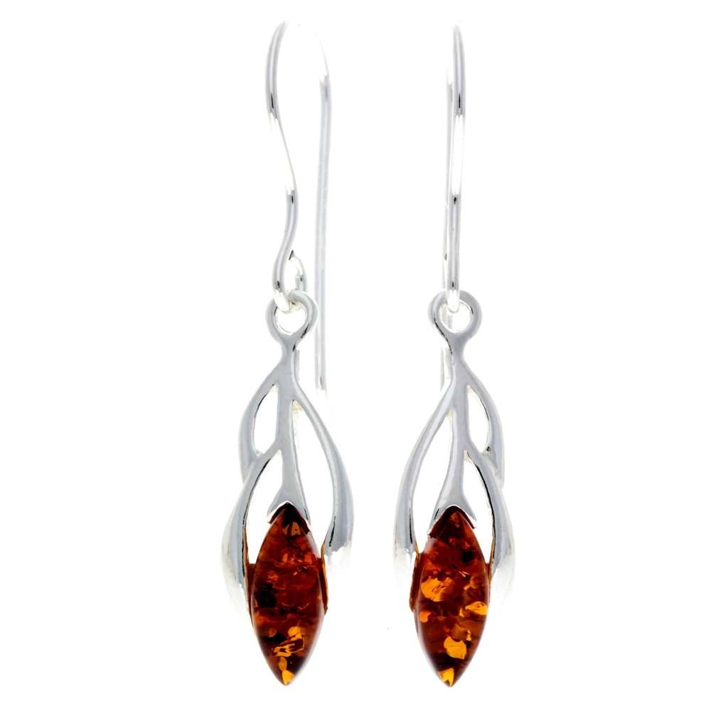 925 Sterling Silver & Genuine Baltic Amber Modern Drop Dangling Earrings - GL198