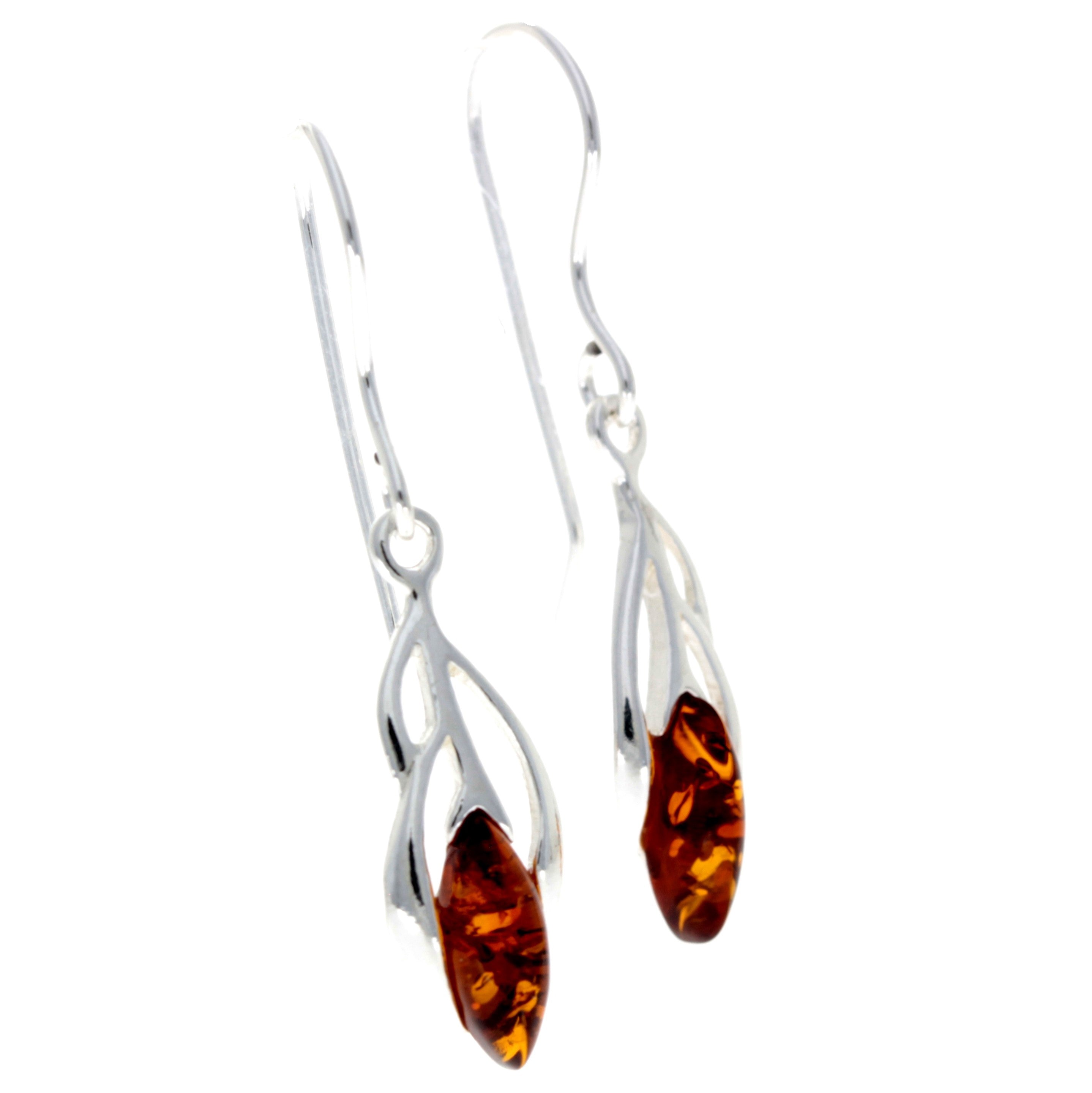 925 Sterling Silver & Genuine Baltic Amber Modern Drop Dangling Earrings - GL198