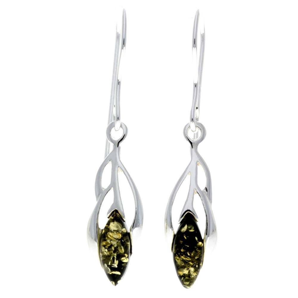 925 Sterling Silver & Genuine Baltic Amber Modern Drop Dangling Earrings - GL198