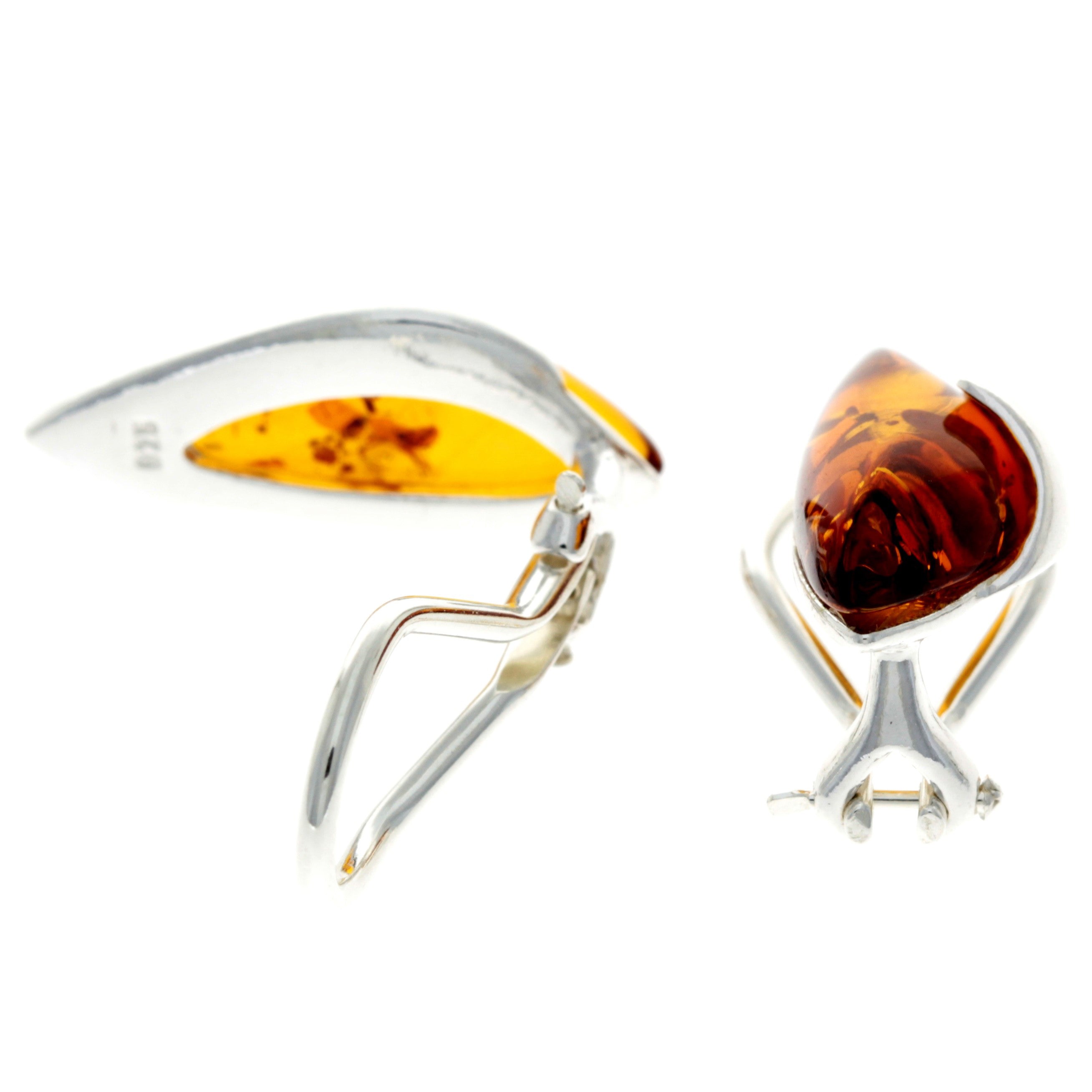 925 Sterling Silver & Genuine Baltic Amber Clip-on Modern Earrings - GL199