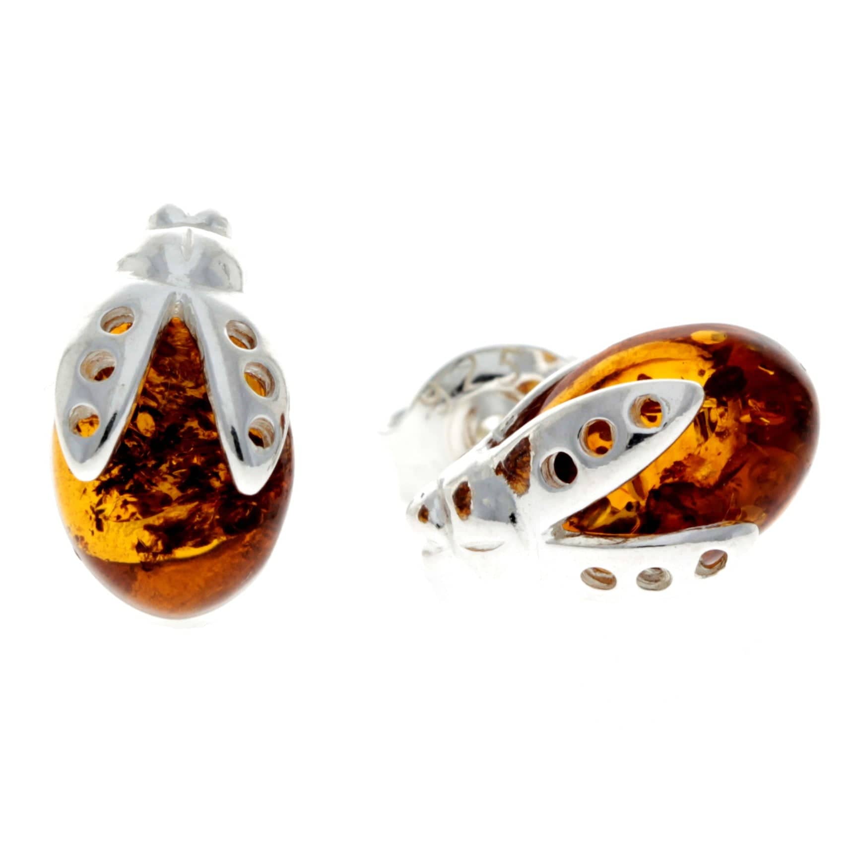 925 Sterling Silver & Genuine Baltic Amber Ladybird Studs Earrings - GL1000