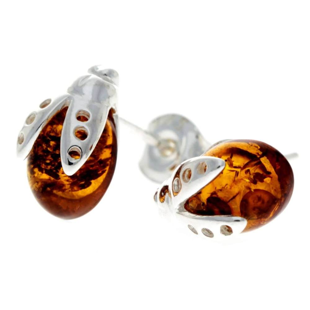 925 Sterling Silver & Genuine Baltic Amber Ladybird Studs Earrings - GL1000