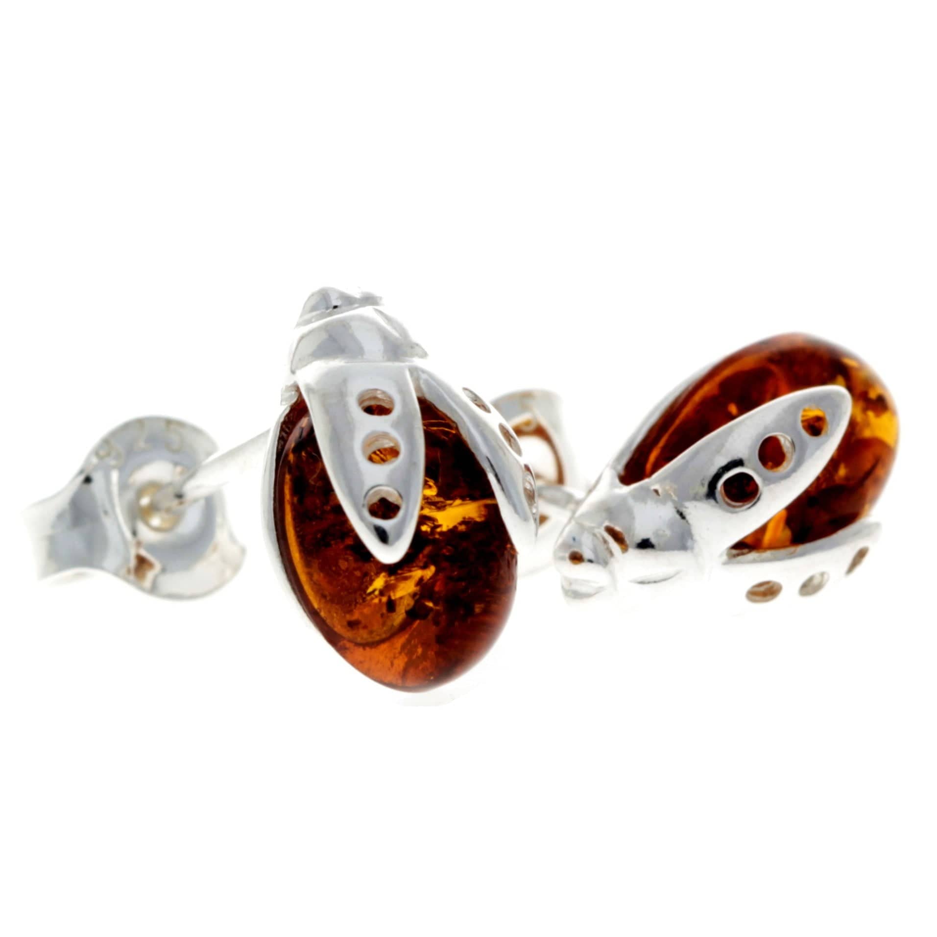 925 Sterling Silver & Genuine Baltic Amber Ladybird Studs Earrings - GL1000