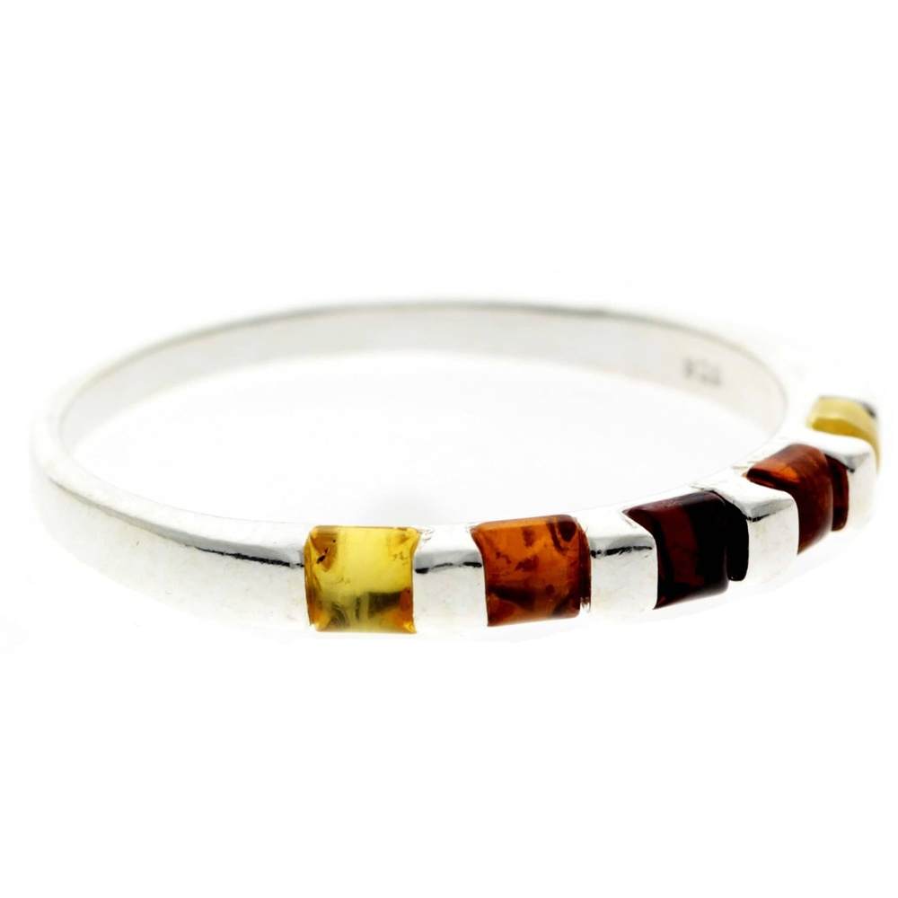 925 Sterling Silver & Genuine Baltic Amber Square Stones Modern Ring - GL722