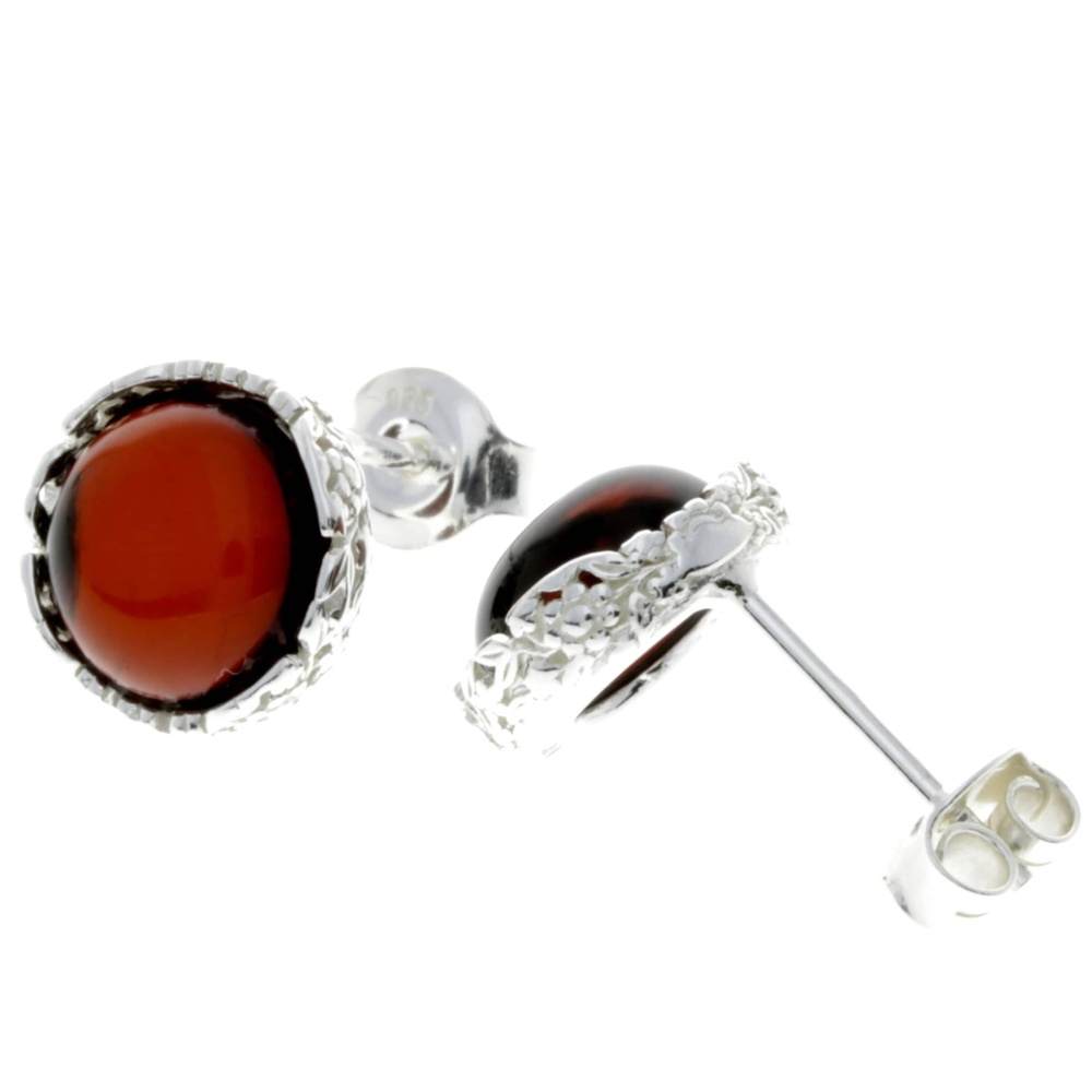 925 Sterling Silver & Genuine Baltic Amber Classic Round Studs Earrings - M649