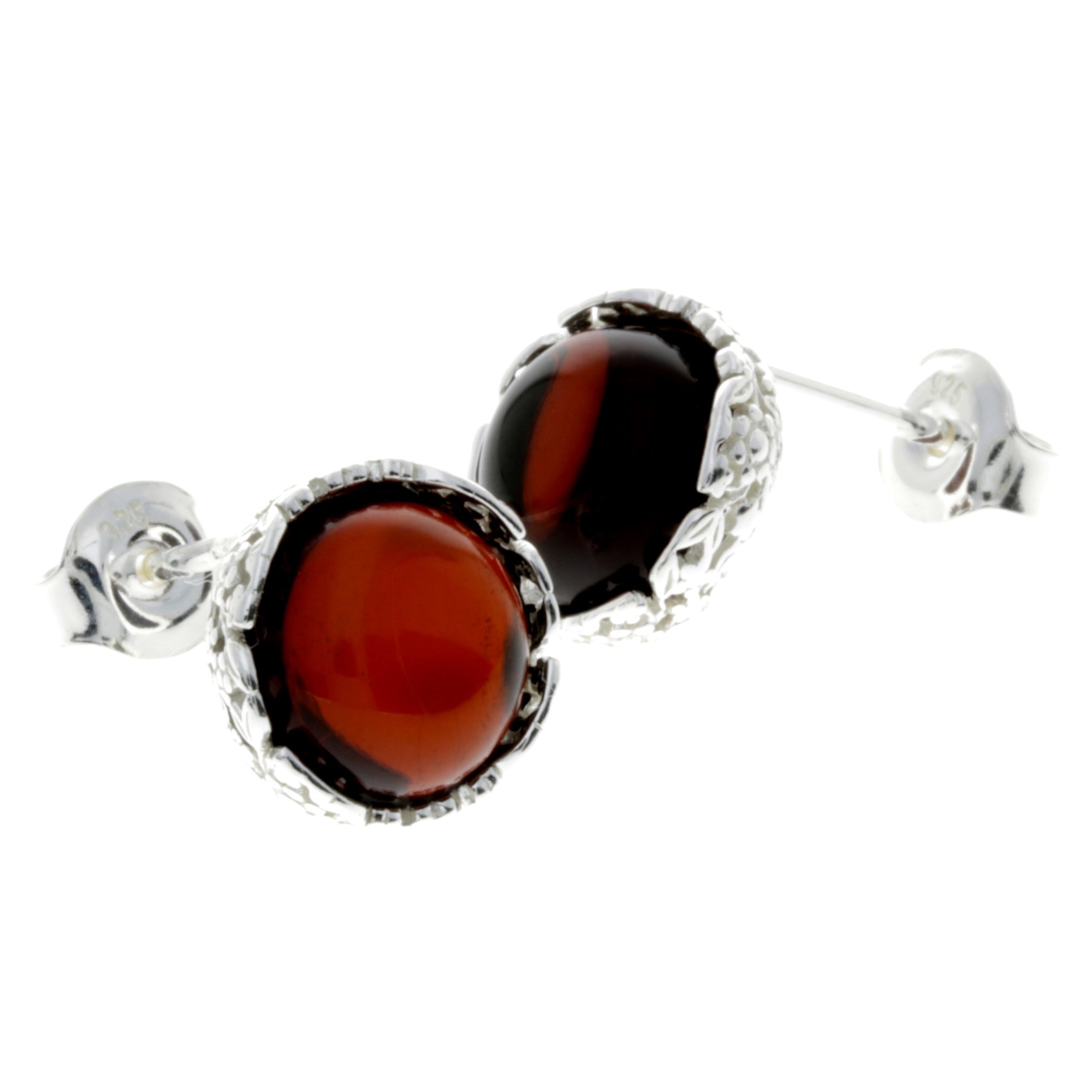 925 Sterling Silver & Genuine Baltic Amber Classic Round Studs Earrings - M649