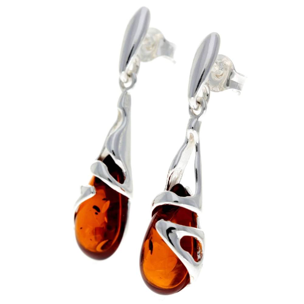 925 Sterling Silver & Genuine Baltic Amber Teardrop Modern Earrings - GL054