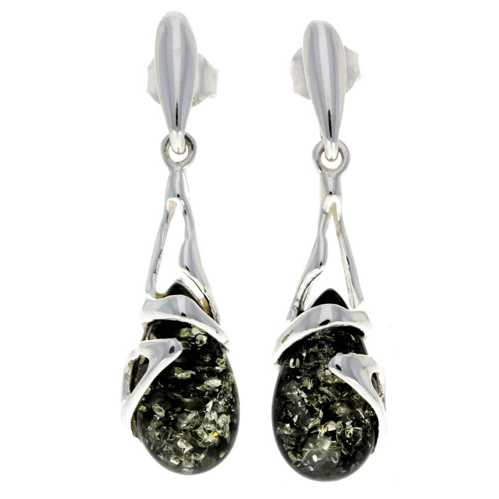 925 Sterling Silver & Genuine Baltic Amber Teardrop Modern Earrings - GL054