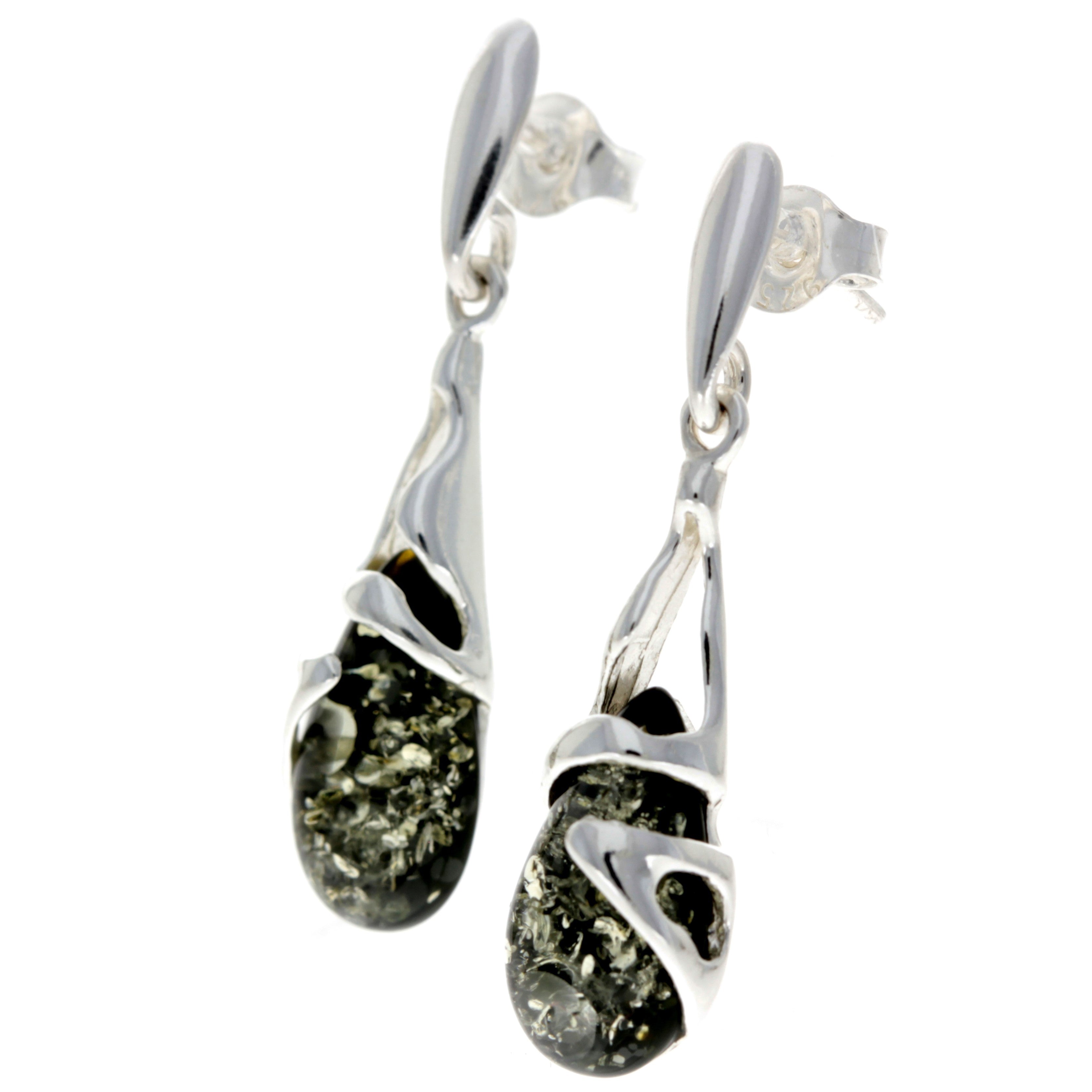 925 Sterling Silver & Genuine Baltic Amber Teardrop Modern Earrings - GL054