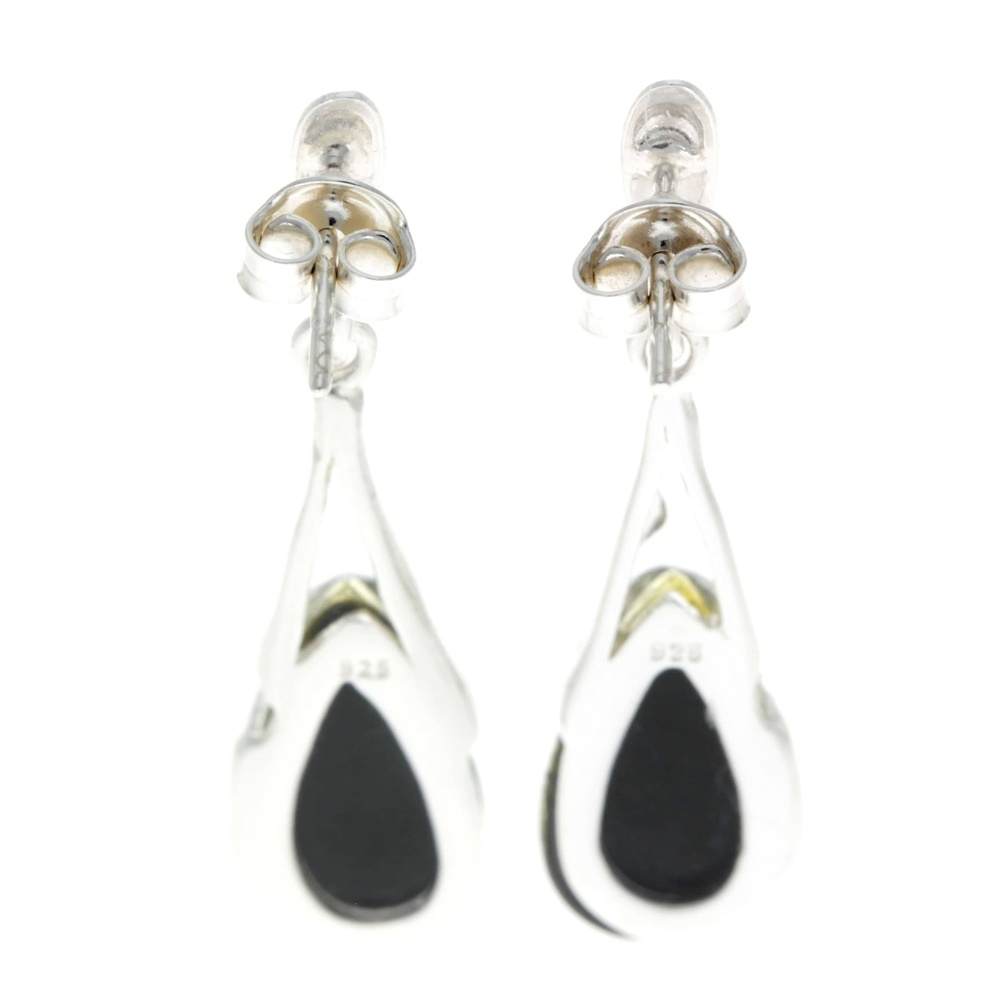 925 Sterling Silver & Genuine Baltic Amber Teardrop Modern Earrings - GL054