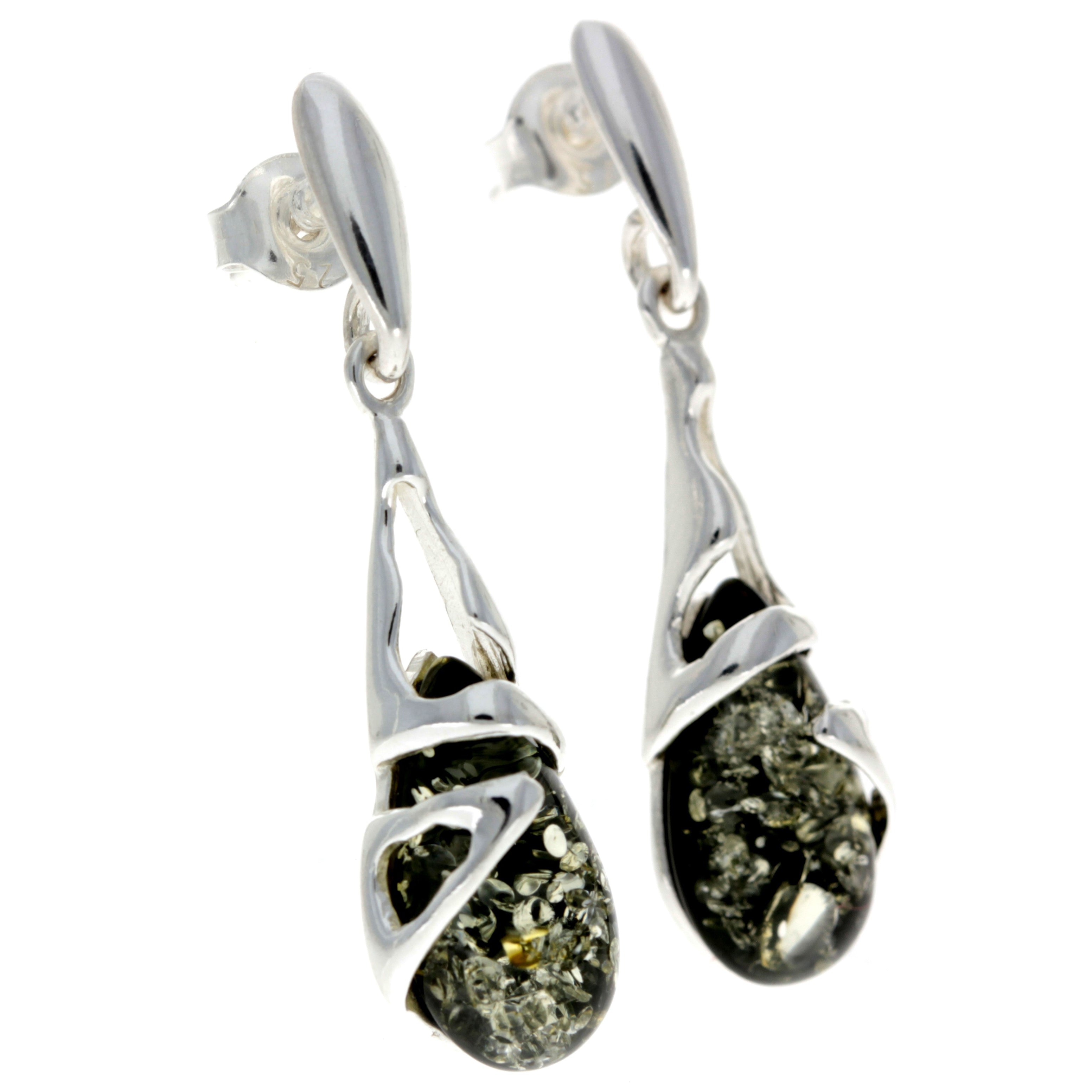 925 Sterling Silver & Genuine Baltic Amber Teardrop Modern Earrings - GL054