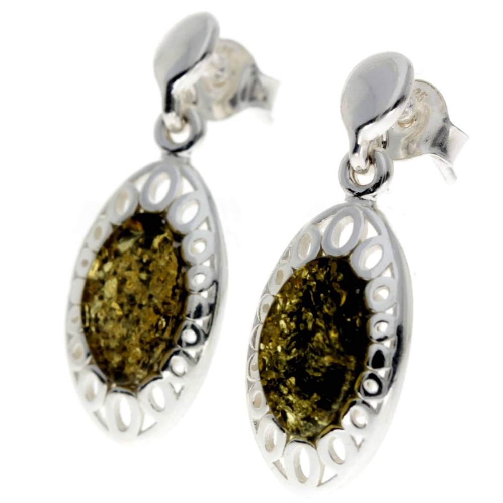 925 Sterling Silver & Genuine Oval Baltic Amber Drop Modern Earrings - GL194