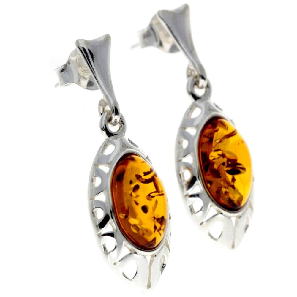 925 Sterling Silver & Baltic Amber Drop Modern Earrings - GL191