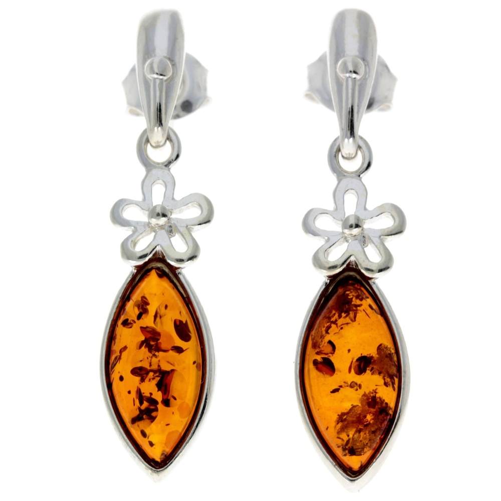 925 Sterling Silver & Genuine Baltic Amber Drop Classic Earrings - GL182