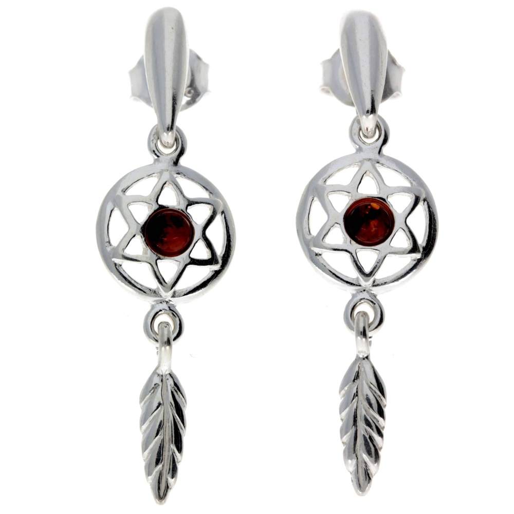 925 Sterling Silver & Baltic Amber Dreamcatcher Drop Earrings - GL183