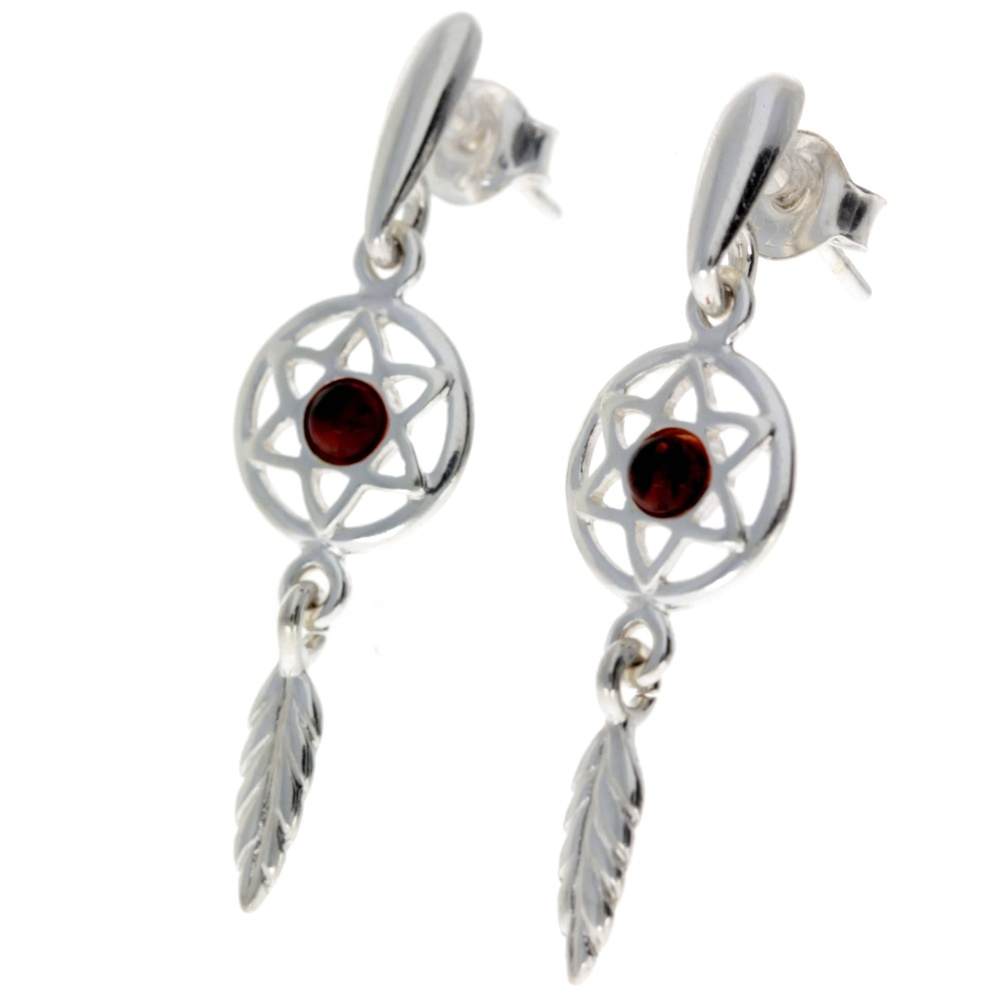 925 Sterling Silver & Baltic Amber Dreamcatcher Drop Earrings - GL183