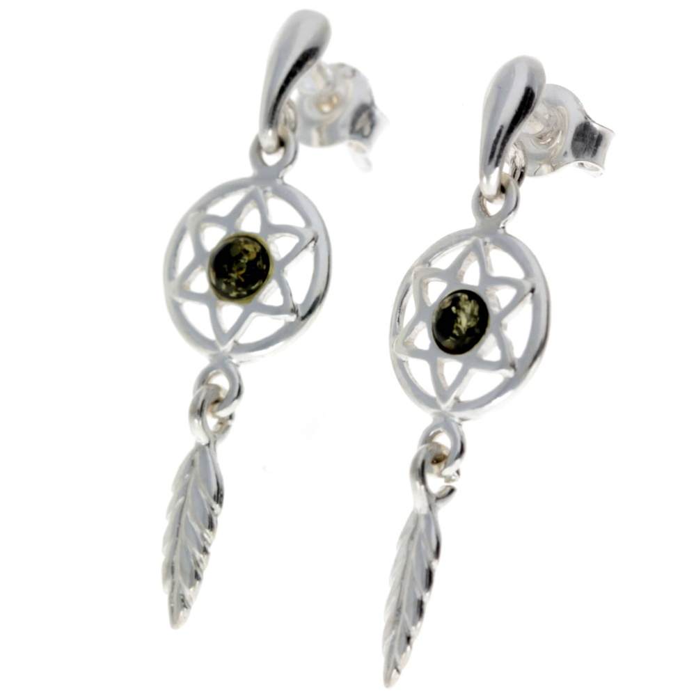 925 Sterling Silver & Baltic Amber Dreamcatcher Drop Earrings - GL183