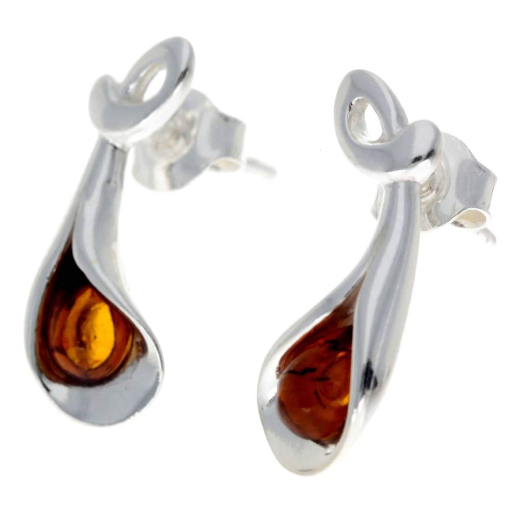 925 Sterling Silver & Baltic Amber Modern Studs Earrings - GL180