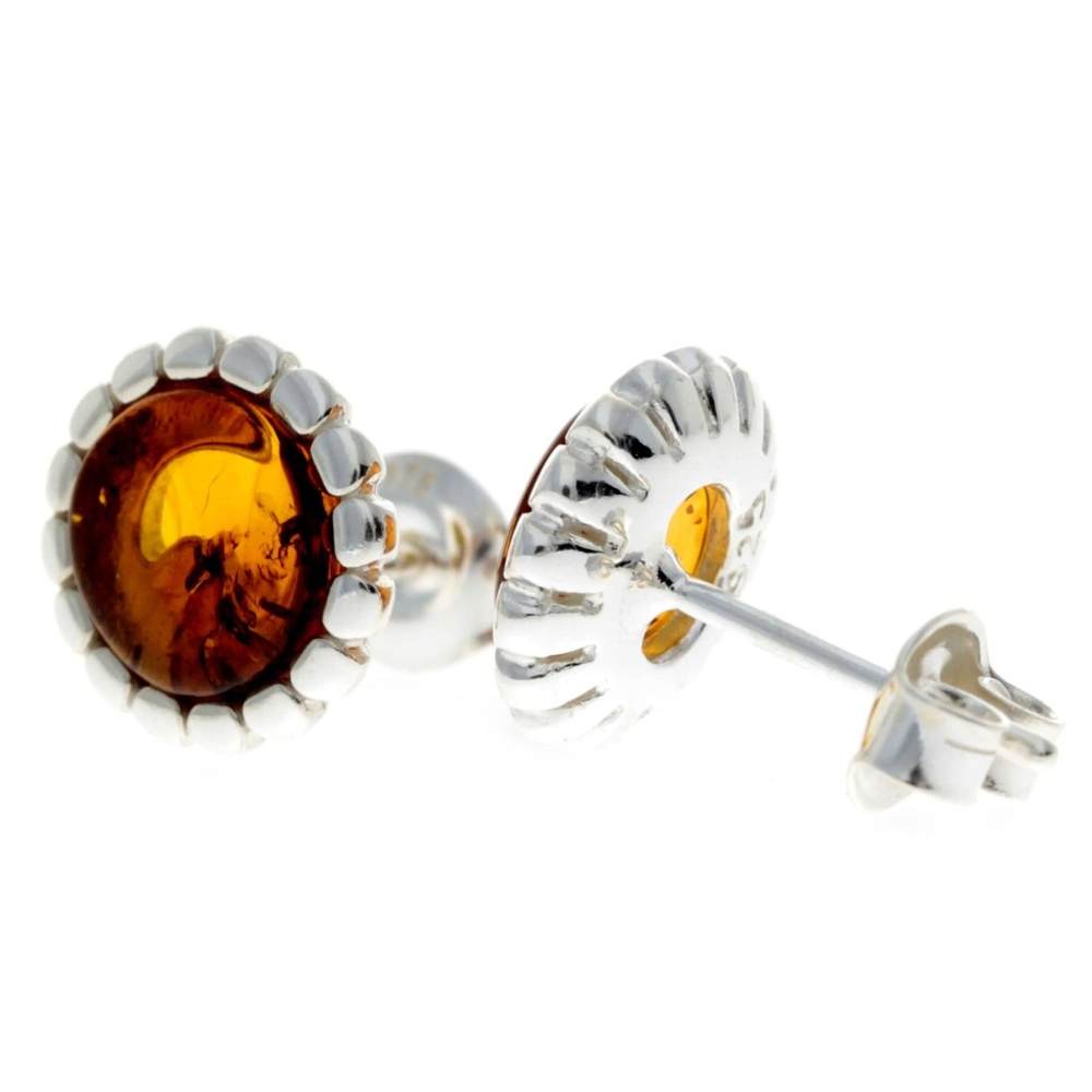925 Sterling Silver & Genuine Baltic Amber Round Studs Earrings - GL181