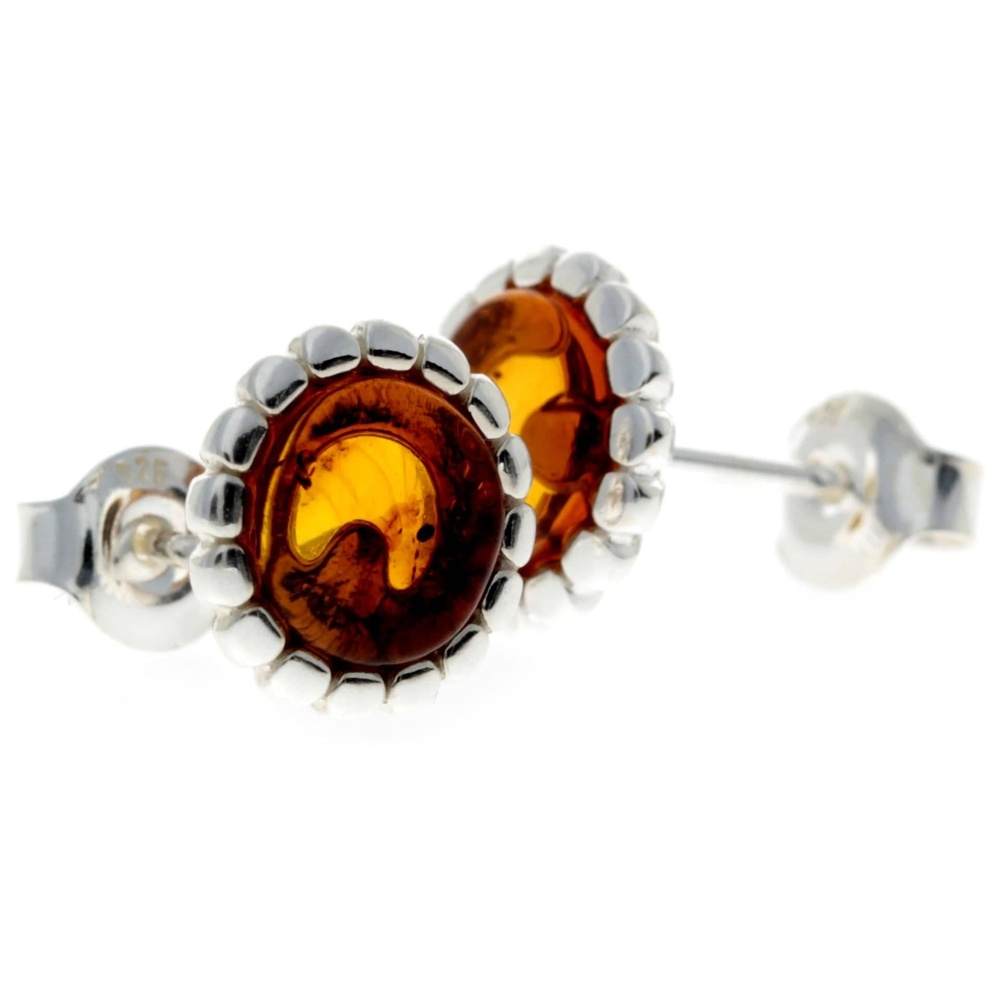 925 Sterling Silver & Genuine Baltic Amber Round Studs Earrings - GL181