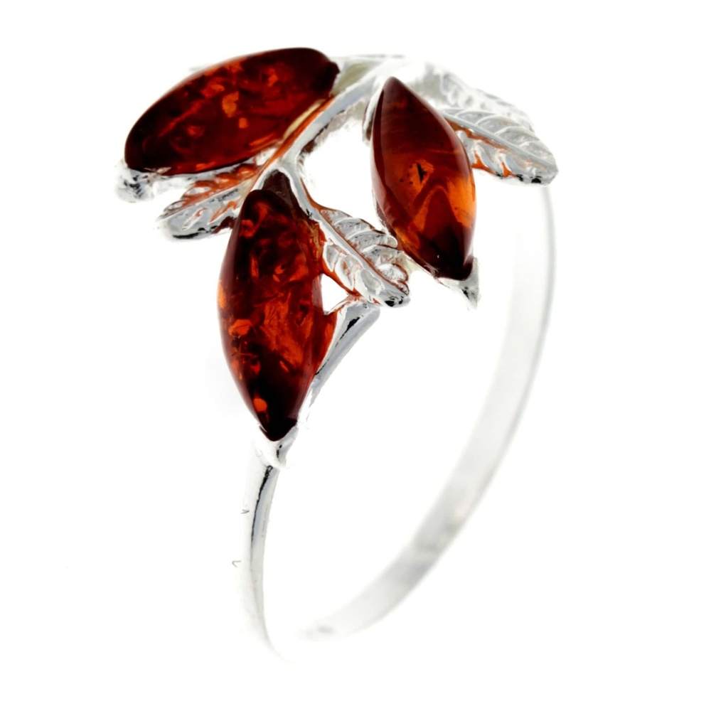 925 Sterling Silver & Genuine Baltic Amber 3 Stones Modern Ring - AR2