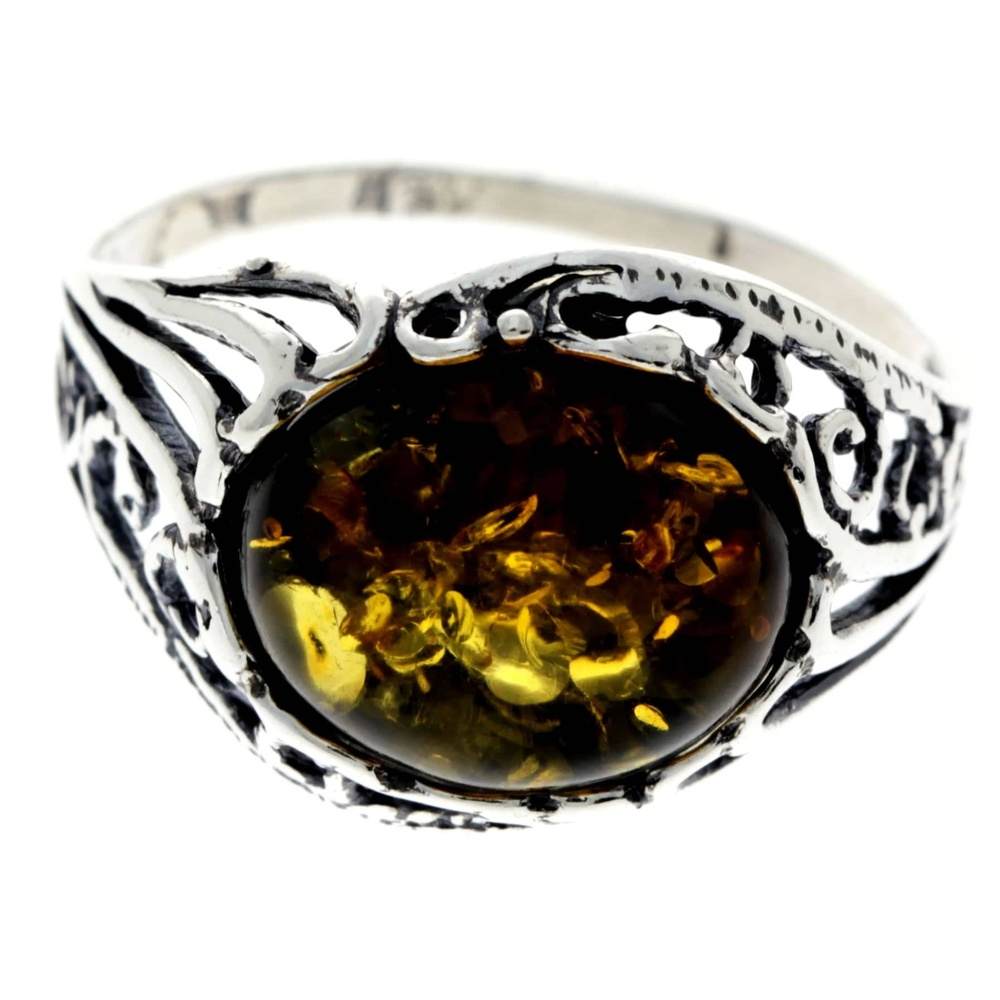 925 Sterling Silver & Genuine Oval Baltic Amber Classic Ring - AR3