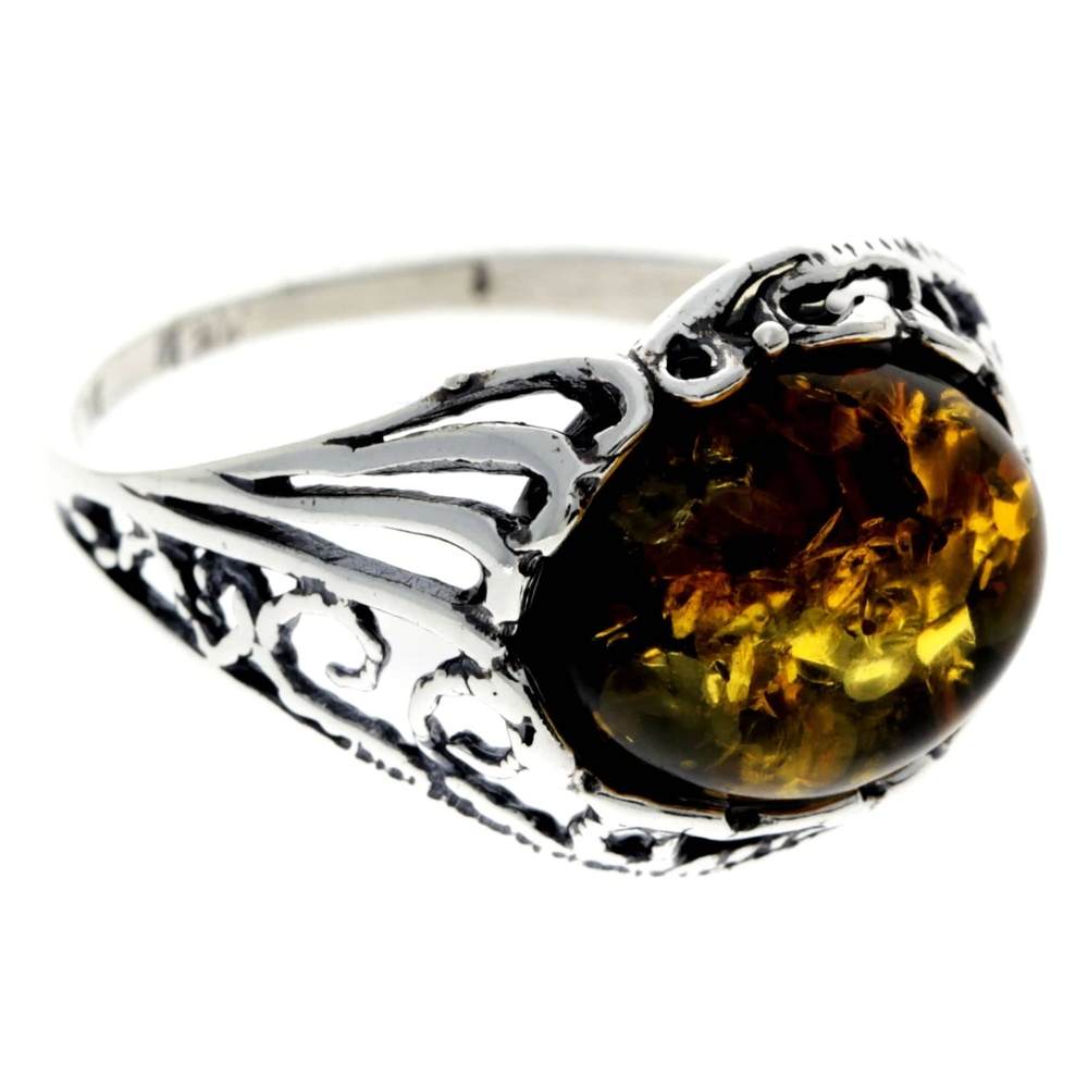 925 Sterling Silver & Genuine Oval Baltic Amber Classic Ring - AR3