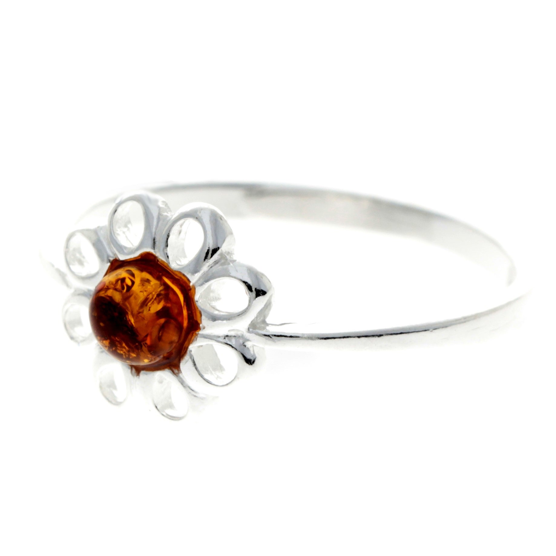 925 Sterling Silver & Genuine Round Baltic Amber Classic Flower Ring - AR4