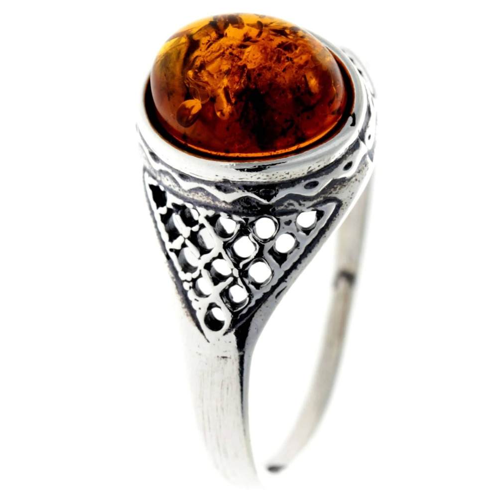 925 Sterling Silver & Genuine Baltic Amber Oval Celtic Ring - AR8