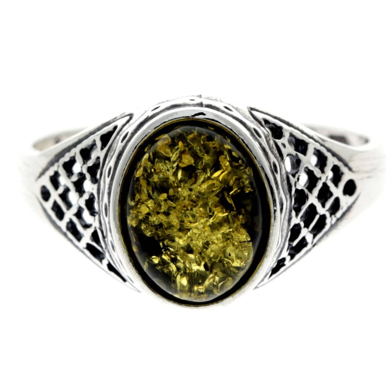 925 Sterling Silver & Genuine Baltic Amber Oval Celtic Ring - AR8