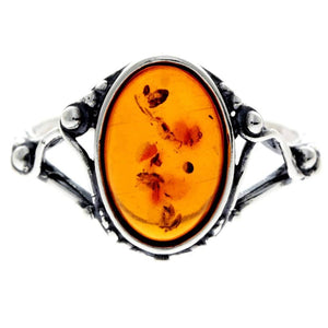 925 Sterling Silver & Genuine Oval Baltic Amber Classic Ring - AR10