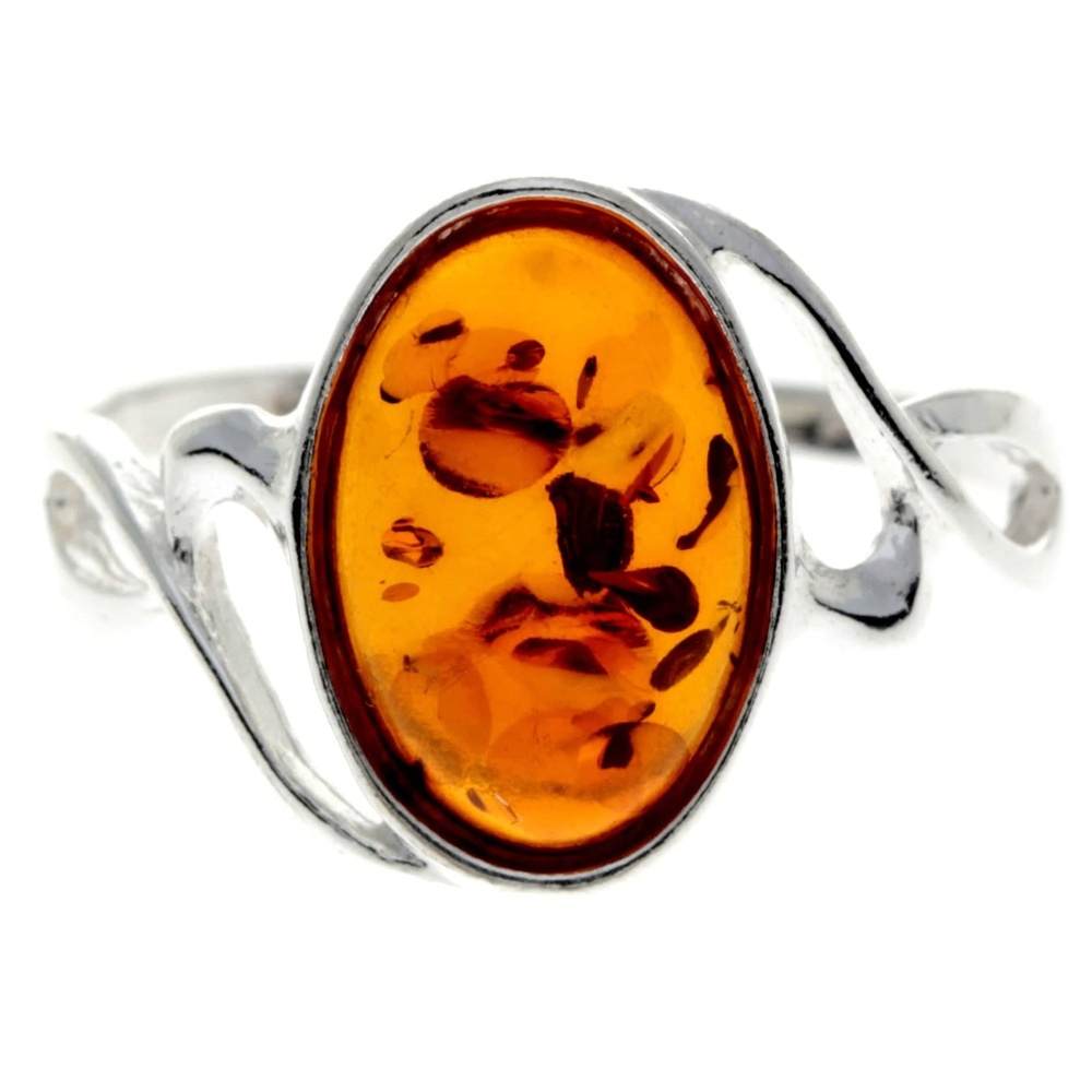 925 Sterling Silver & Genuine Oval Baltic Amber Classic Ring - AR11